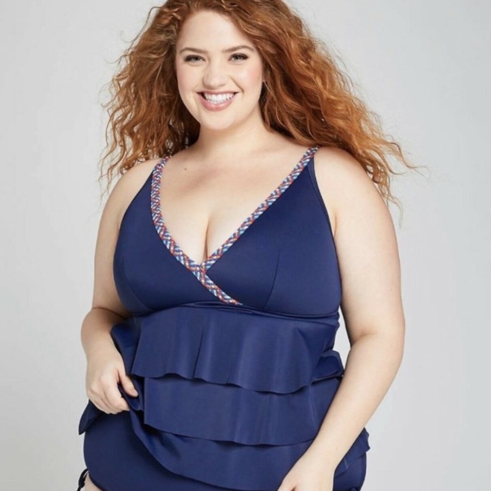 NWT Swim by Cacique Blue Tiered Ruffle Swim Tank Tankini No Wire Size 20